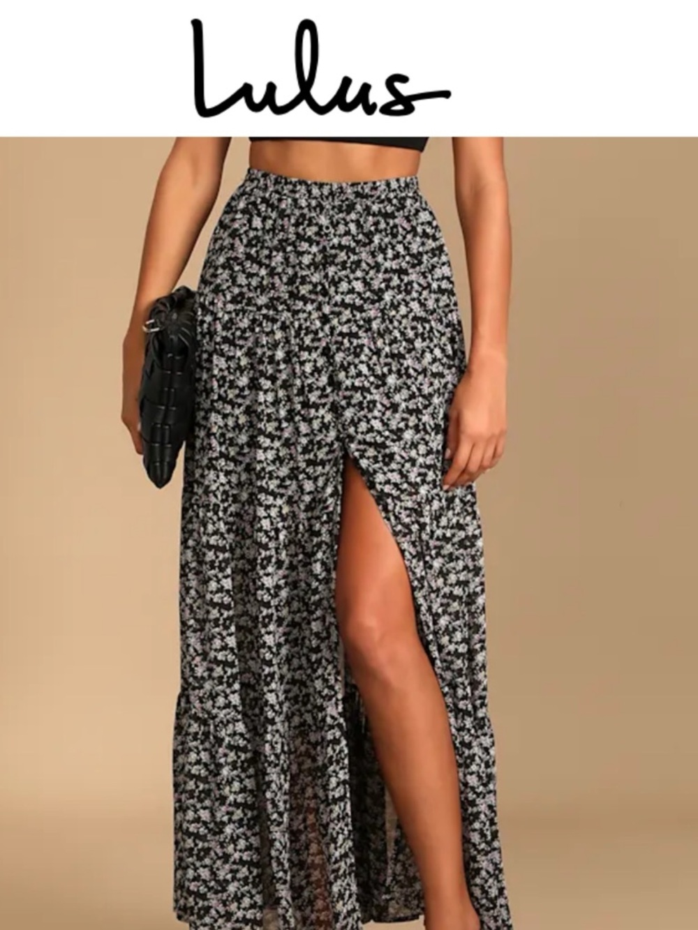 Lulu's Black Floral Maxi Skirt with Front Slit